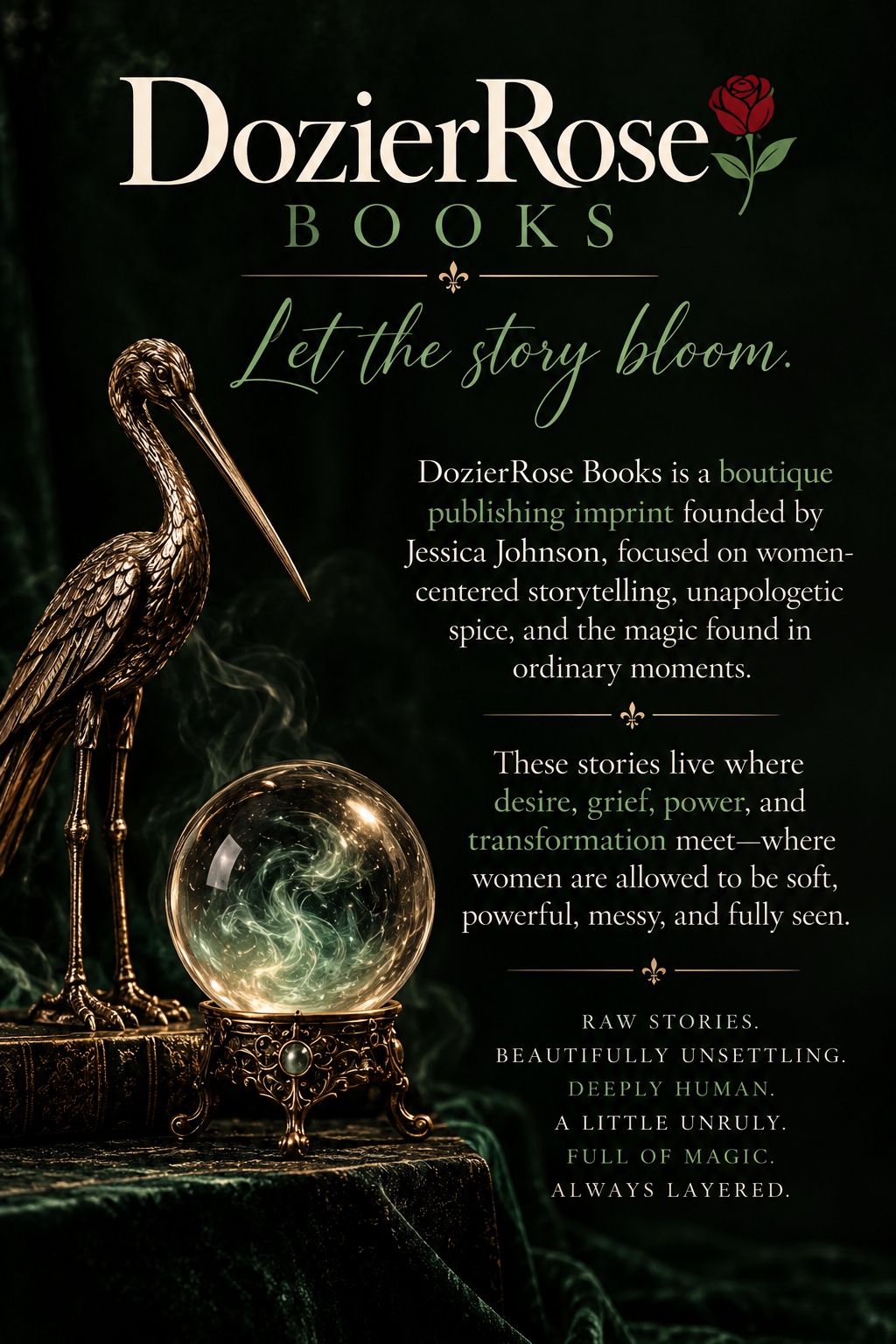 DozierRose Books — dark green brand artwork featuring a stork, crystal ball, and Let the story bloom tagline